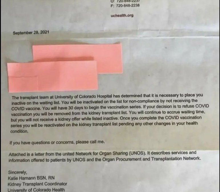 Colorado Kidney Patient Denied Transplant Due to Vaccine Status – Both Willing Donor and Patient Unvaccinated, Hospital Refuses Surgery – The Last Refuge